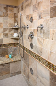 Bathroom shower stall with jets and tile