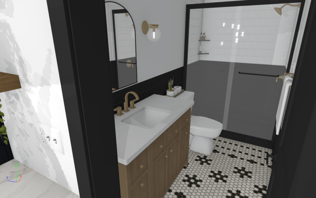 Basement Bathroom Rendering | Modern basement remodel with hardwood flooring and sink with counter and cabinet space