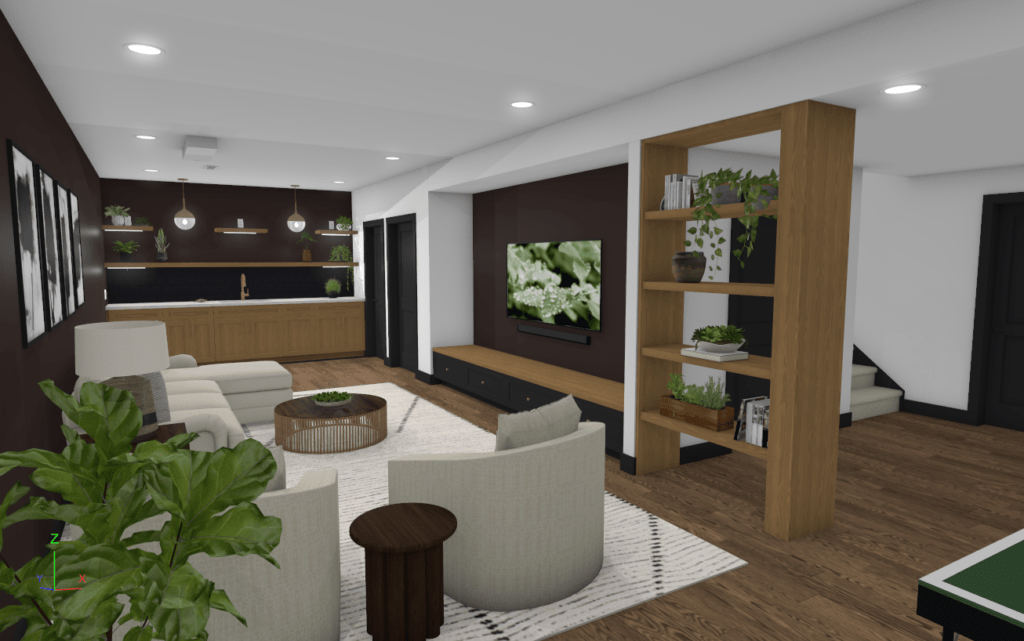 Basement Rendering | Modern basement remodel with white rug, hardwood floors and white sofa and chairs