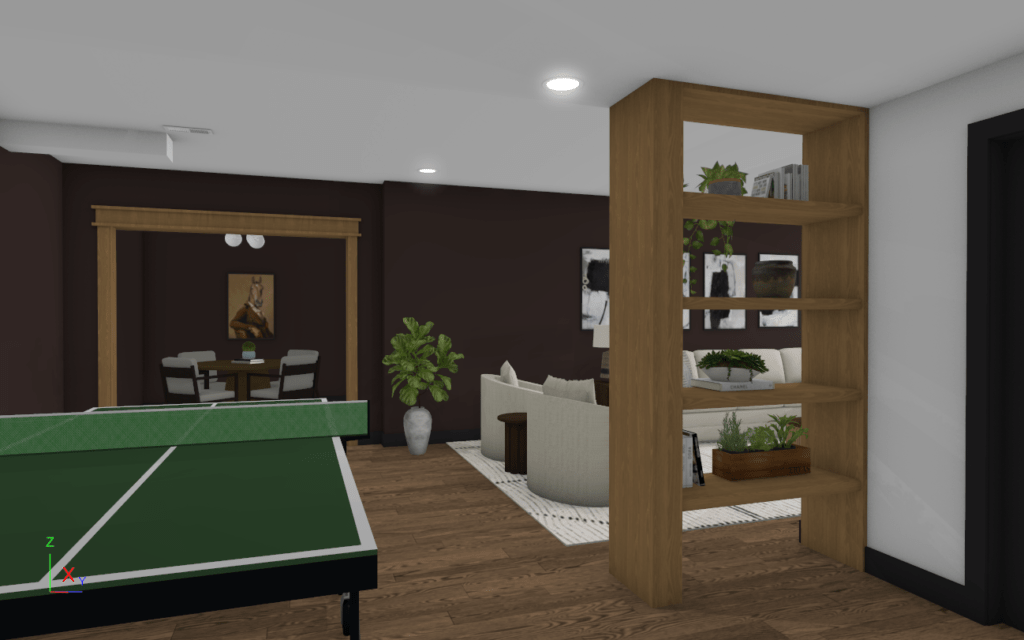 Basement rendering |  Modern basement with hardwood floors, seating, and ping pong table