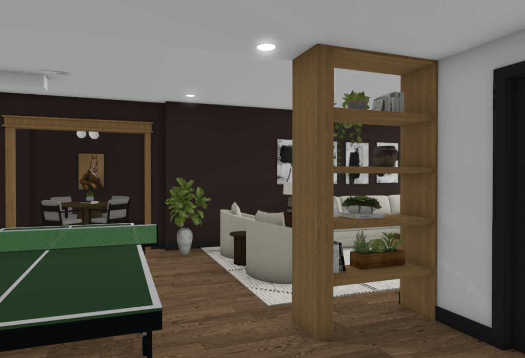 Proposed Design Rendering | Modern basement with hardwood floors, seating, and ping pong table