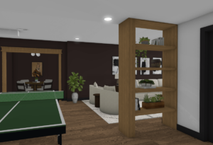 Basement rendering | Modern basement with hardwood floors, seating, and ping pong table