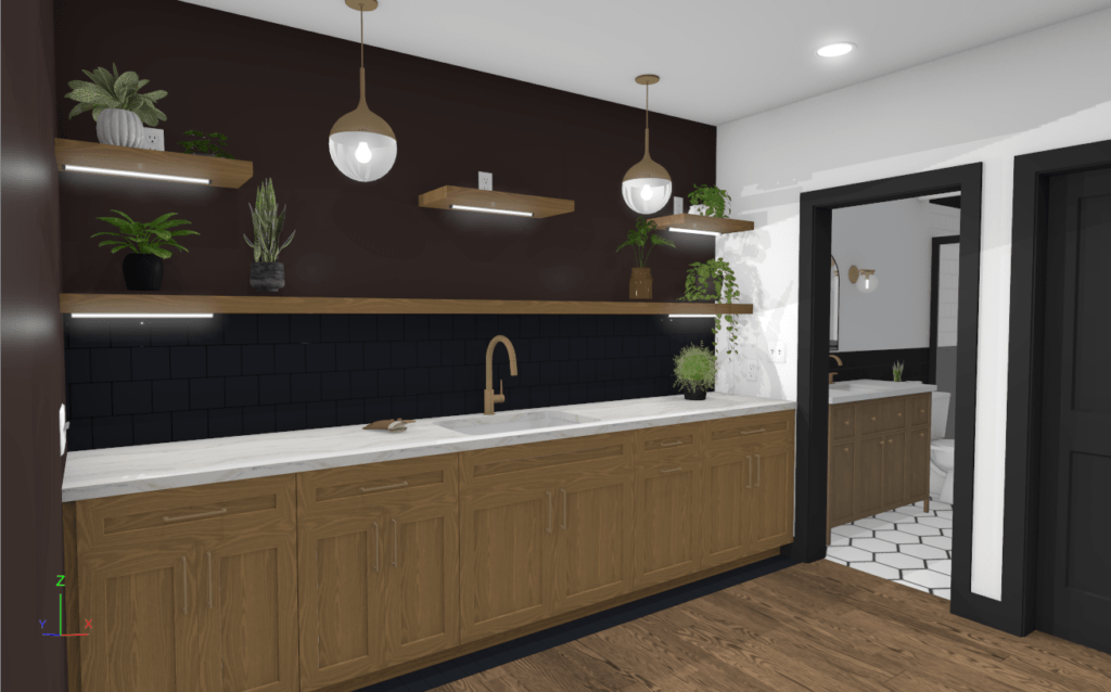 Basement Rendering | Modern basement remodel with hardwood flooring and sink with counter and cabinet space