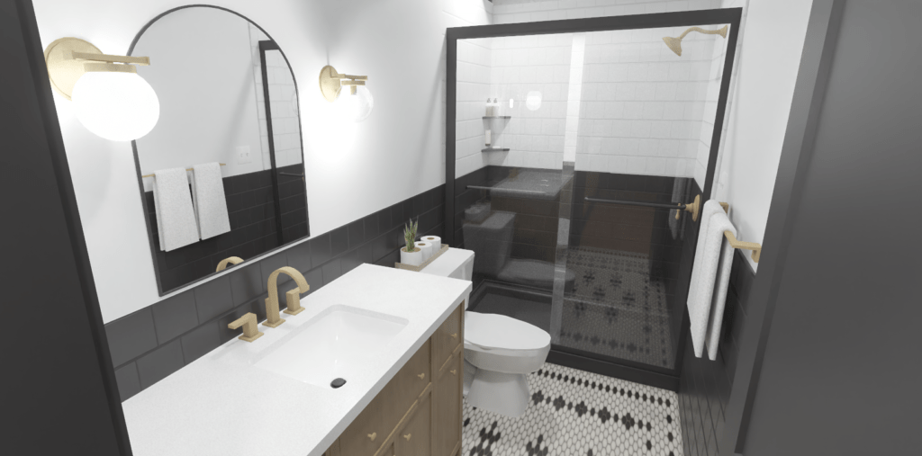 Proposed Design Rendering | Modern bathroom remodel with white hexagon tiling, marble sink vanity, toilet and shower