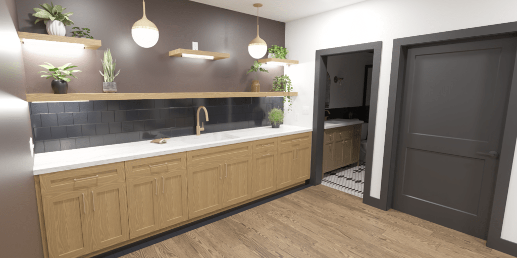 Proposed Design Rendering | Modern basement remodel with hardwood flooring and sink with counter and cabinet space